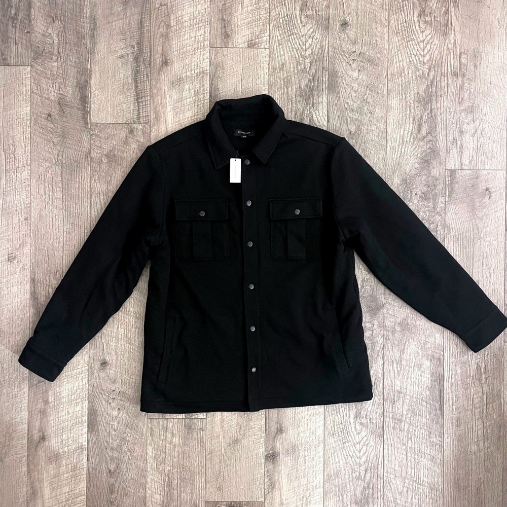 Banana Republic Mens Sherpa Lined Shirt Jacket Black Twill Snap Front Large NWT